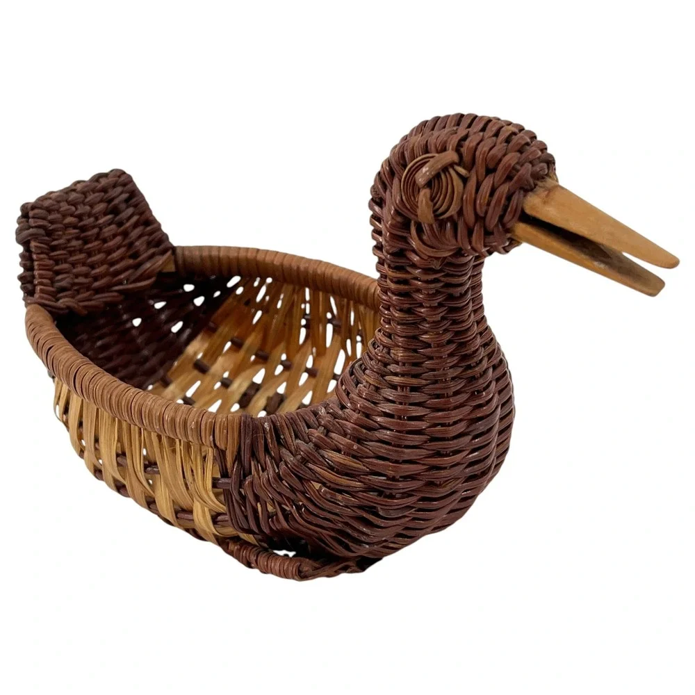 Vintage Wicker Duck Basket Two Tone Brown Woven Rattan Bird Figurine Decor